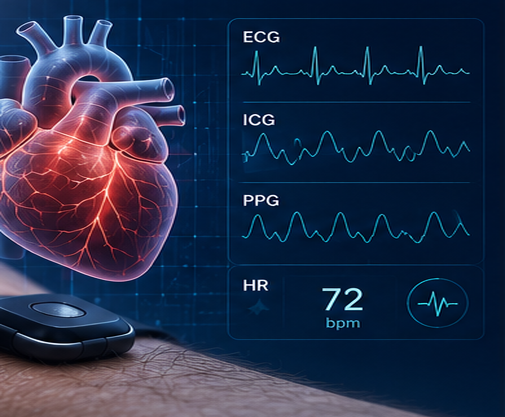 Cardiovascular signal monitoring visual showing ECG, ICG, PPG and wearable sensing