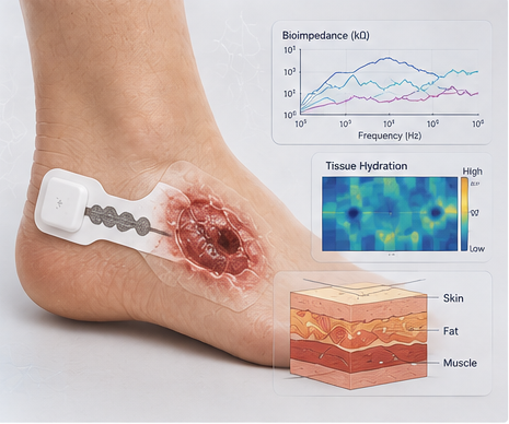Chronic wound monitoring visual showing a foot patch, wound area, bioimpedance graph and tissue layers