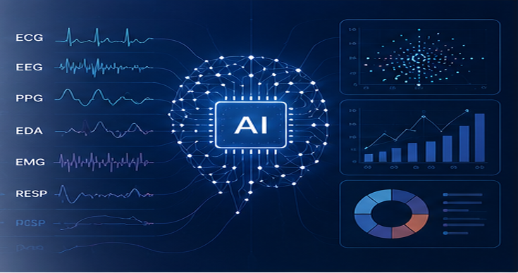 Physiological data and AI visual showing multimodal signals, analytics and data-fusion dashboards